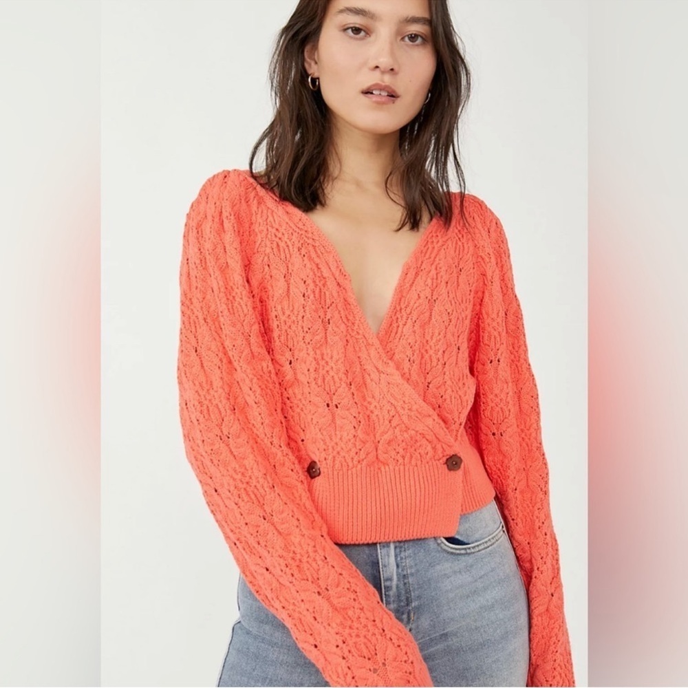 Free People Olive You Coral Orange Criss Cross Wrap Cardigan Size Small Women’s